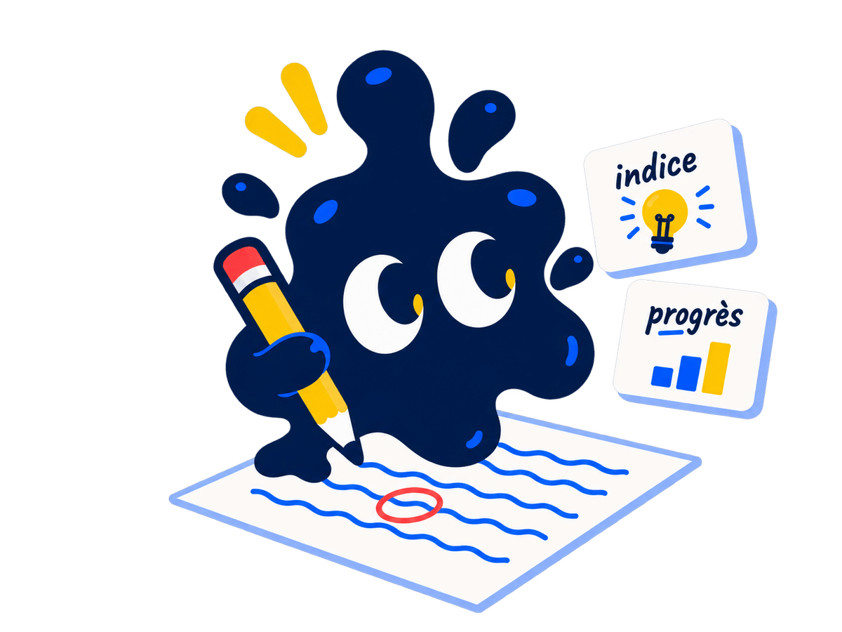 La mascotte de Scripto écrit un texte au crayon; une erreur est encerclée, et deux cartes affichent « indice » et « progrès »