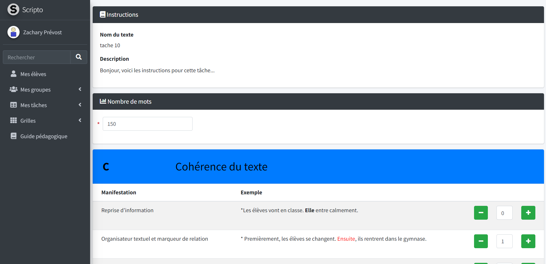 Grille de consignation d'erreurs remplie par les élèves sur Scripto